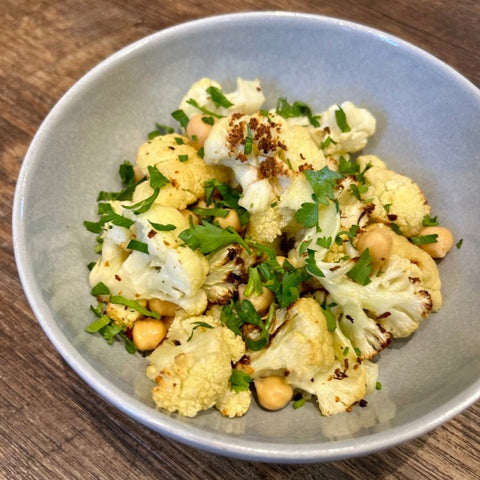 Spiced Cauliflower & Chickpeas with Caramelized Shallots &  Herb Tahini Sauce
