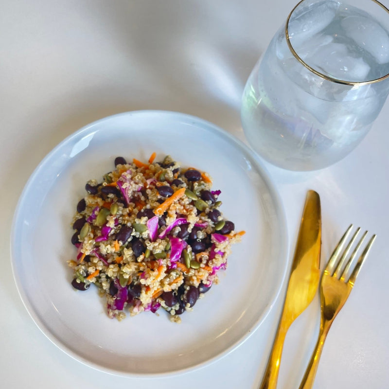 Cumin Lime Quinoa, Red Cabbage, Black Bean Salad with Toasted Pumpkin Seeds